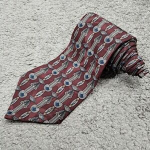 Surrey Mens Silk Necktie Burgundy Blue Geometric Architectural Pattern USA Made
